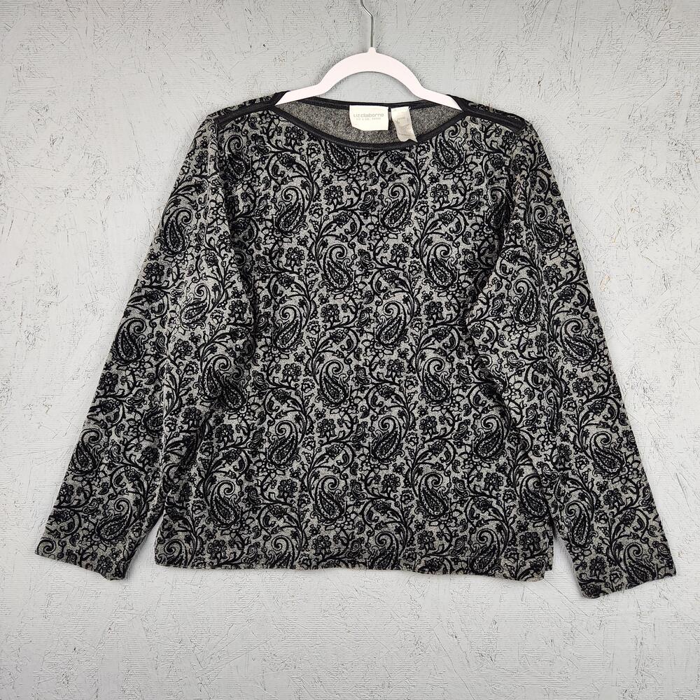Liz Claiborne Sweater Womens Petite Large Black Gray Paisley Pullover Made USA